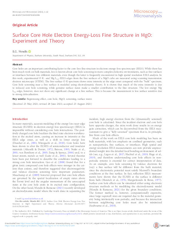 Surface Core Hole Electron Energy-Loss Fine Structure in MgO: Experiment and Theory Thumbnail