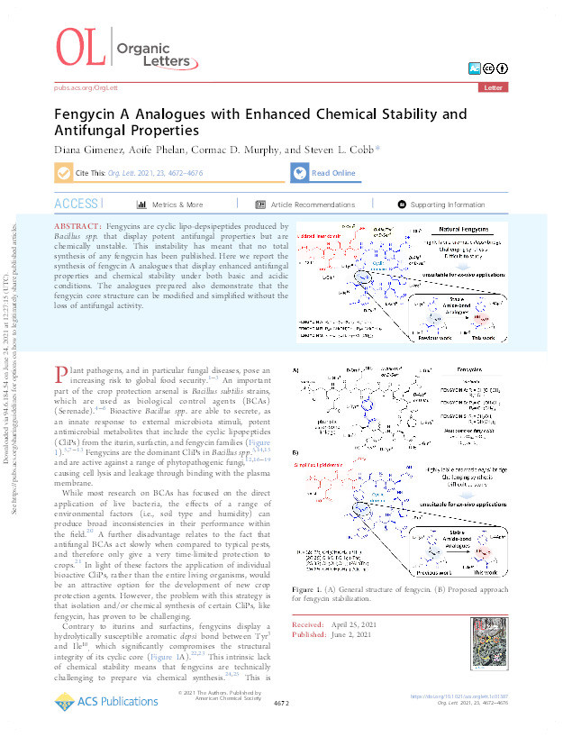 Fengycin A Analogues with Enhanced Chemical Stability and Antifungal Properties Thumbnail