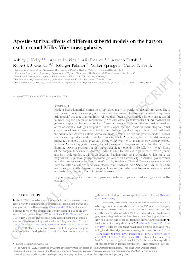 Apostle-Auriga: effects of different subgrid models on the baryon cycle around Milky Way-mass galaxies Thumbnail