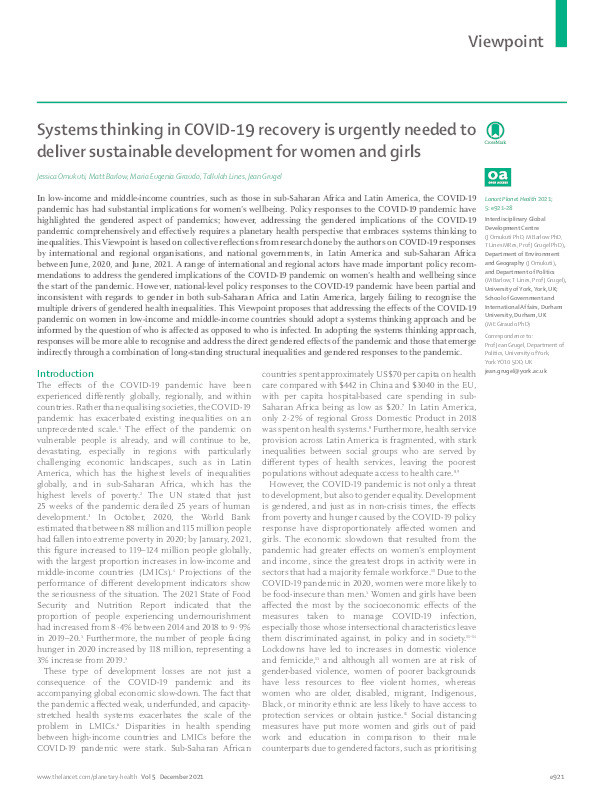 Systems thinking in Covid-19 recovery is urgently needed to deliver sustainable development for women and girls Thumbnail