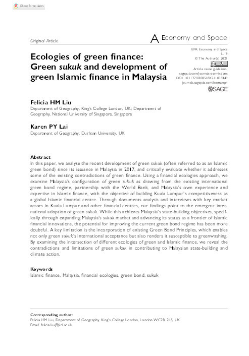 Ecologies of green finance: Green sukuk and development of green Islamic finance in Malaysia Thumbnail