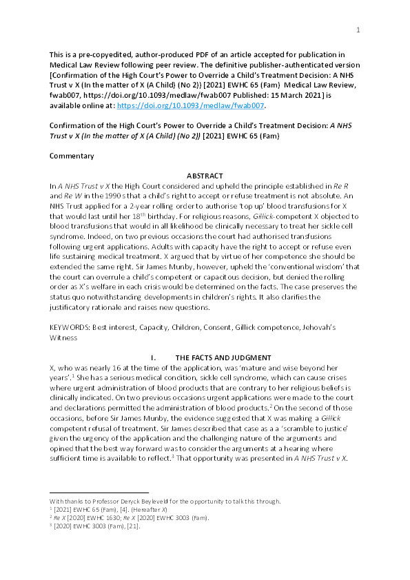 Confirmation of the High Court’s Power to Override a Child’s Treatment Decision: A NHS Trust v X (In the matter of X (A Child) (No 2)) [2021] EWHC 65 (Fam) Thumbnail