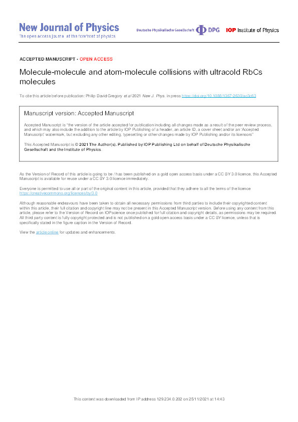Molecule-molecule and atom-molecule collisions with ultracold RbCs molecules Thumbnail