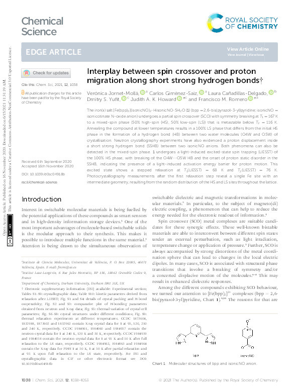 Interplay between spin crossover and proton migration along short strong hydrogen bonds Thumbnail