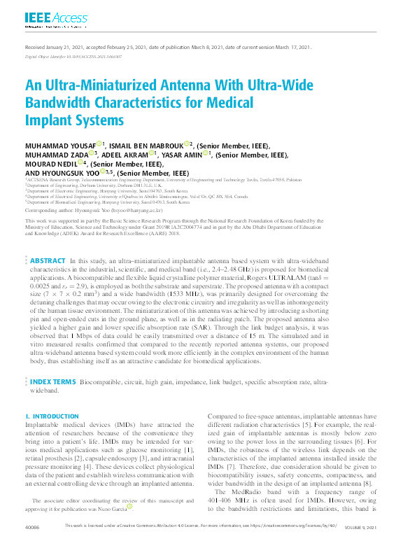 An Ultra-Miniaturized Antenna With Ultra-Wide Bandwidth Characteristics for Medical Implant Systems Thumbnail