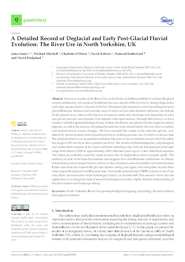A Detailed Record of Deglacial and Early Post-Glacial Fluvial Evolution: The River Ure in North Yorkshire, UK Thumbnail
