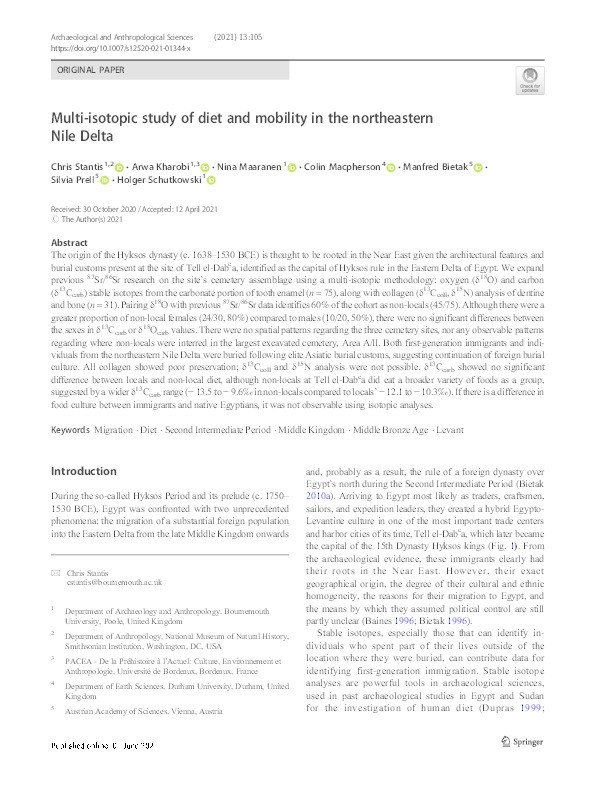 Multi-isotopic study of diet and mobility in the northeastern Nile Delta Thumbnail