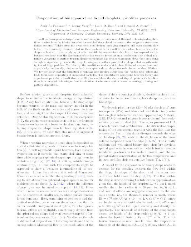 Evaporation of Binary-Mixture Liquid Droplets: The Formation of Picoliter Pancakelike Shapes Thumbnail