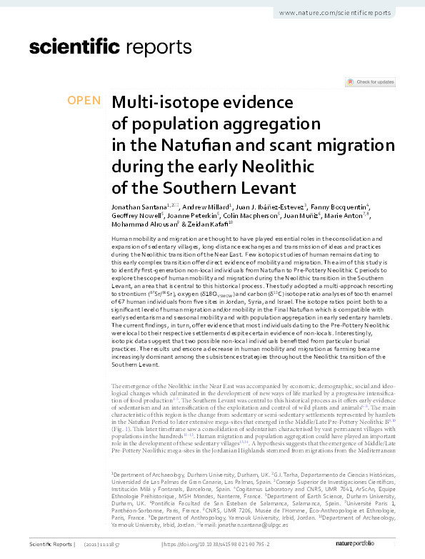 Multi-isotope evidence of population aggregation in the Natufian and scant migration during the early Neolithic of the Southern Levant Thumbnail