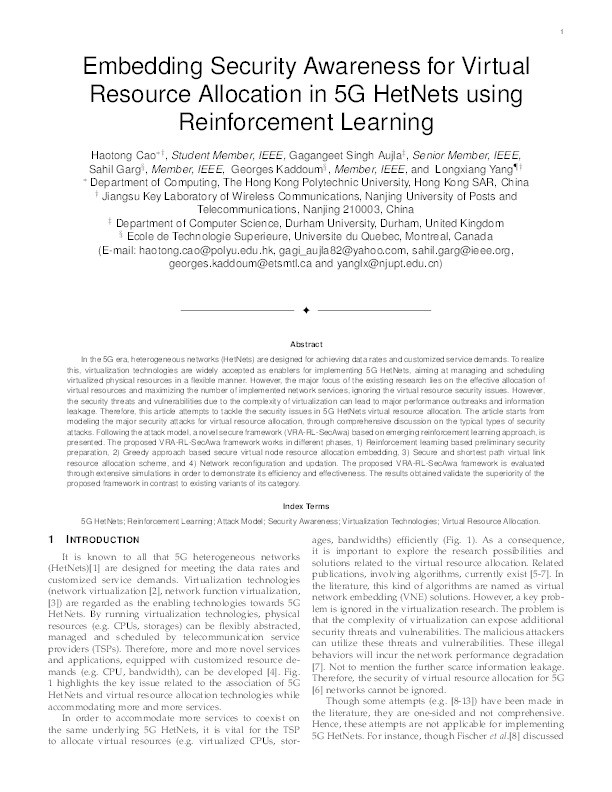 Embedding Security Awareness for Virtual Resource Allocation in 5G Hetnets Using Reinforcement Learning Thumbnail