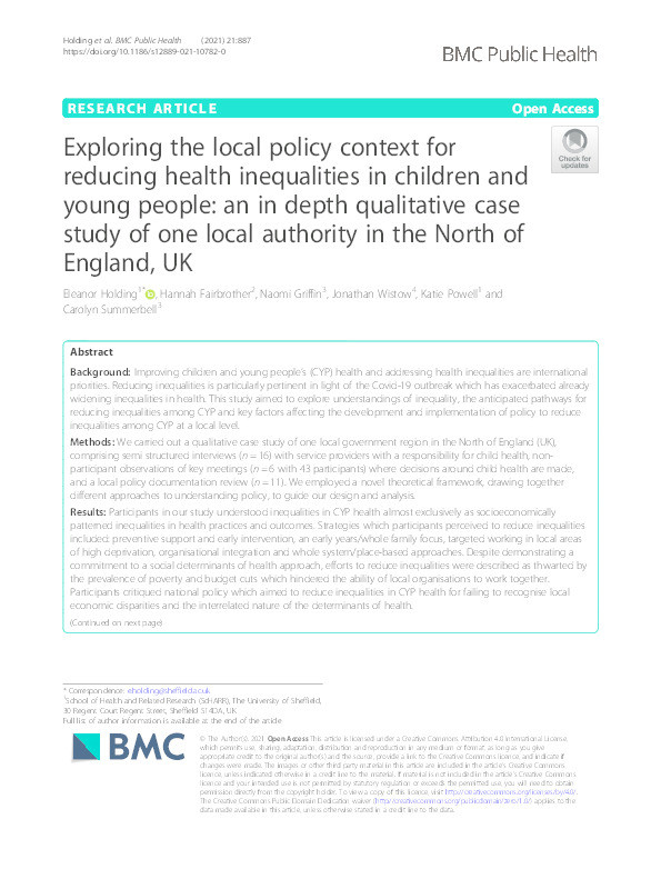 Exploring the local policy context for reducing health inequalities in children and young people: an in depth qualitative case study of one local authority in the North of England, UK Thumbnail