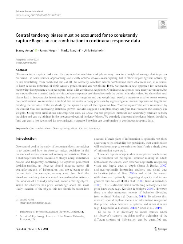 Central tendency biases must be accounted for to consistently capture Bayesian cue combination in continuous response data Thumbnail