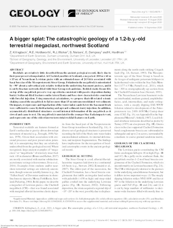 A bigger splat: The catastrophic geology of a 1.2-b.y.-old terrestrial megaclast, northwest Scotland Thumbnail