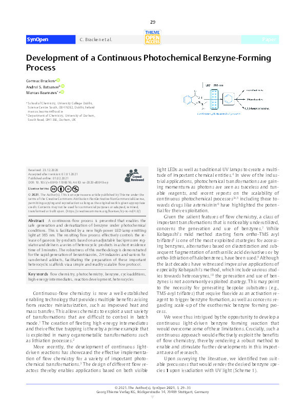 Development of a Continuous Photochemical Benzyne-Forming Process Thumbnail