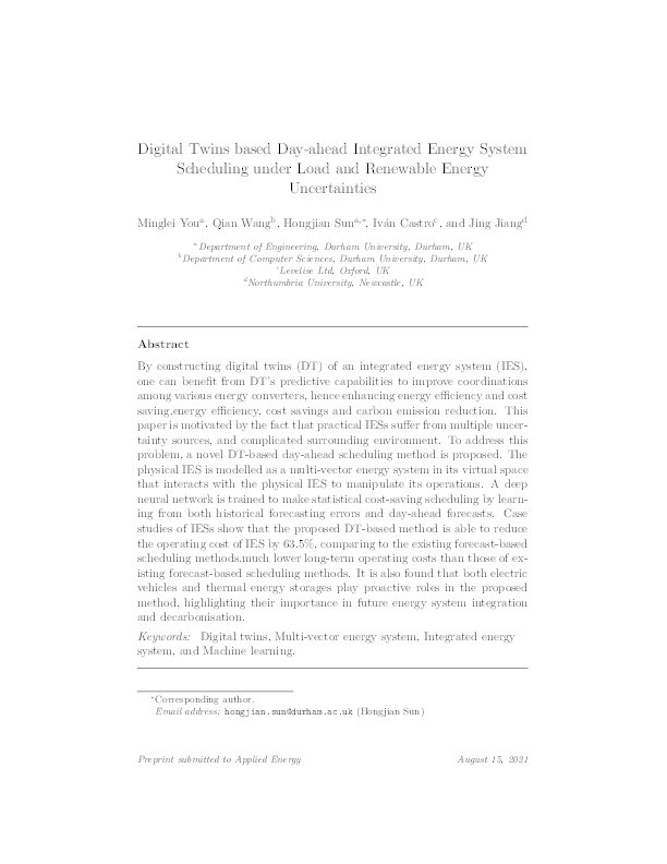 Digital Twins based Day-ahead Integrated Energy System Scheduling under Load and Renewable Energy Uncertainties Thumbnail