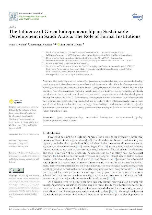 The influence of green entrepreneurship on sustainable development in Saudi Arabia: The role of formal institutions Thumbnail