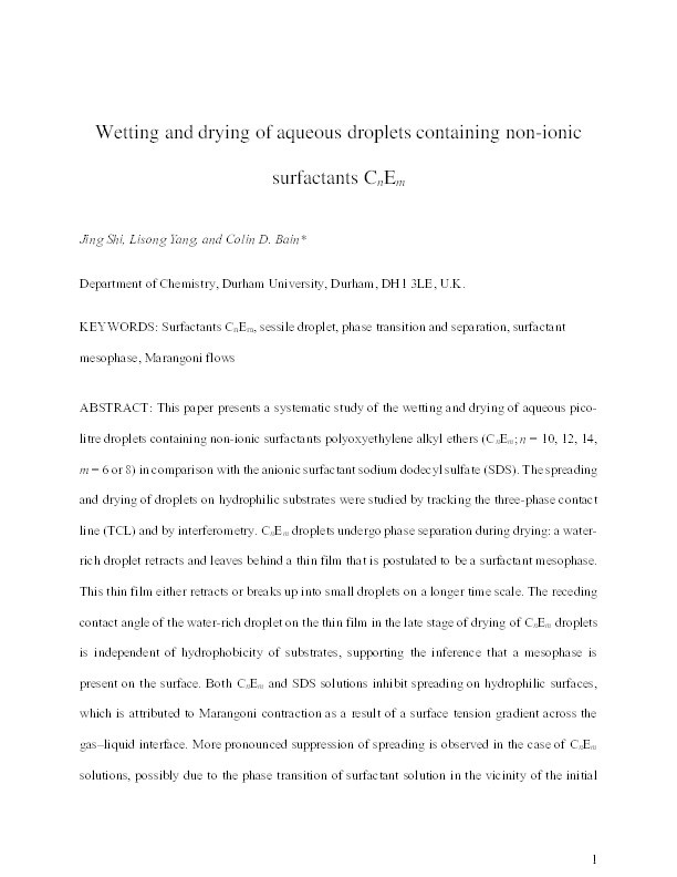 Wetting and Drying of Aqueous Droplets Containing Nonionic Surfactants CnEm Thumbnail