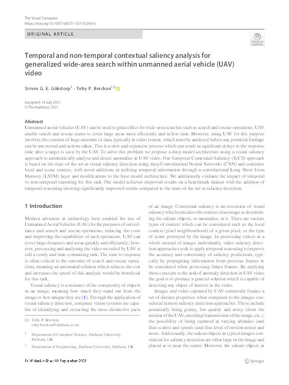 Temporal and Non-Temporal Contextual Saliency Analysis for Generalized Wide-Area Search within Unmanned Aerial Vehicle (UAV) Video Thumbnail