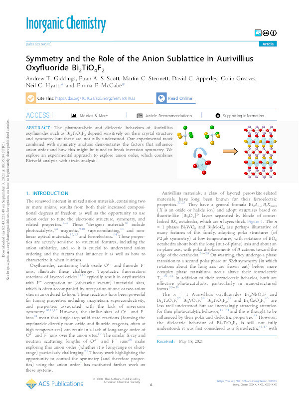 Symmetry and the Role of the Anion Sublattice in Aurivillius Oxyfluoride Bi2TiO4F2 Thumbnail
