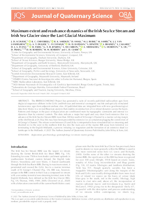 Maximum extent and readvance dynamics of the Irish Sea Ice Stream and Irish Sea Glacier since the Last Glacial Maximum Thumbnail