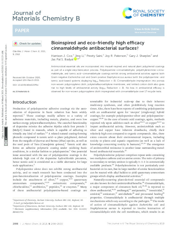 Bioinspired and eco-friendly high efficacy cinnamaldehyde antibacterial surfaces Thumbnail