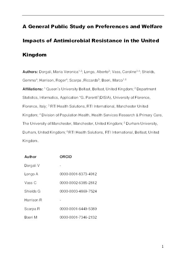 A General Public Study on Preferences and Welfare Impacts of Antimicrobial Resistance in the United Kingdom Thumbnail