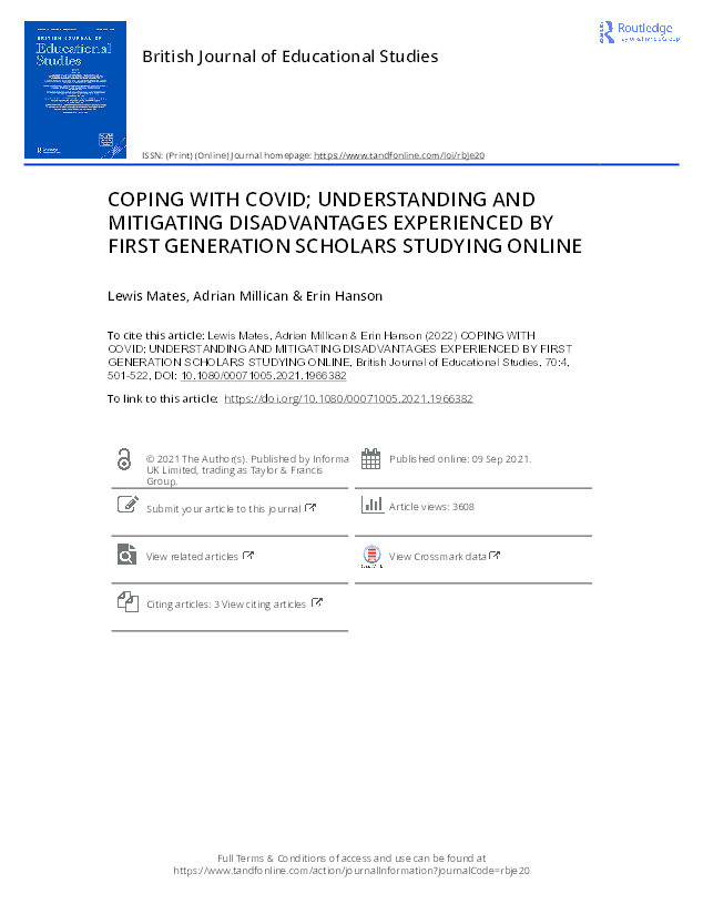 Coping with Covid; Understanding and Mitigating Disadvantages Experienced by First Generation Scholars Studying Online Thumbnail