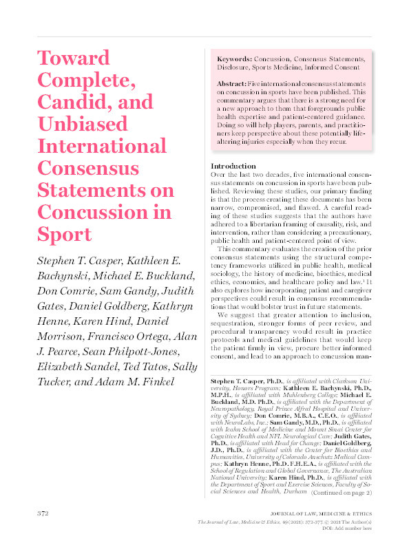 Toward Complete, Candid, and Unbiased International Consensus Statements on Concussion in Sport Thumbnail