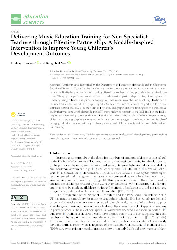 Delivering music education training for non-specialist teachers through effective partnership: a Kodály-inspired intervention to improve young children’s development outcomes Thumbnail