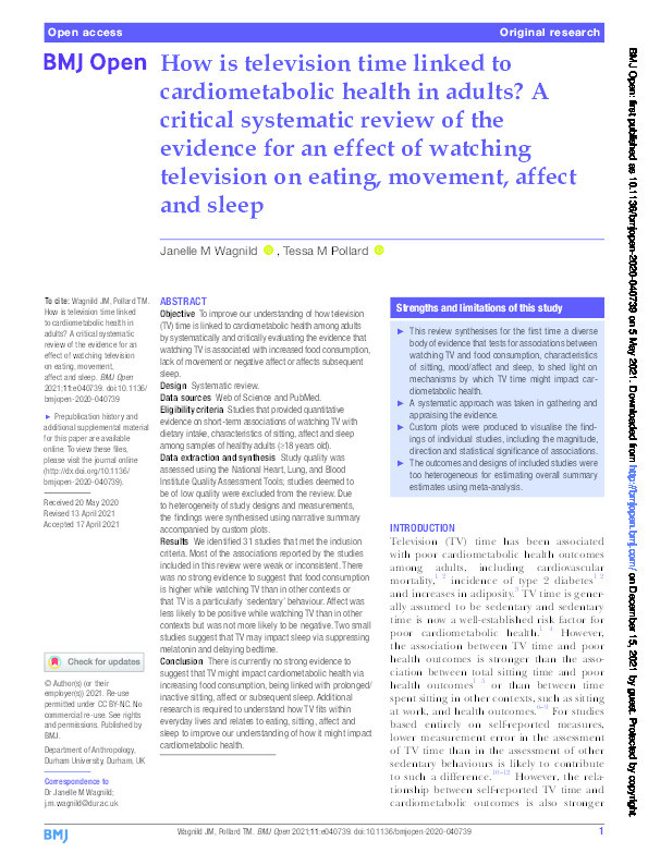 How is television time linked to cardiometabolic health in adults? A critical systematic review of the evidence for an effect of watching television on eating, movement, affect and sleep Thumbnail