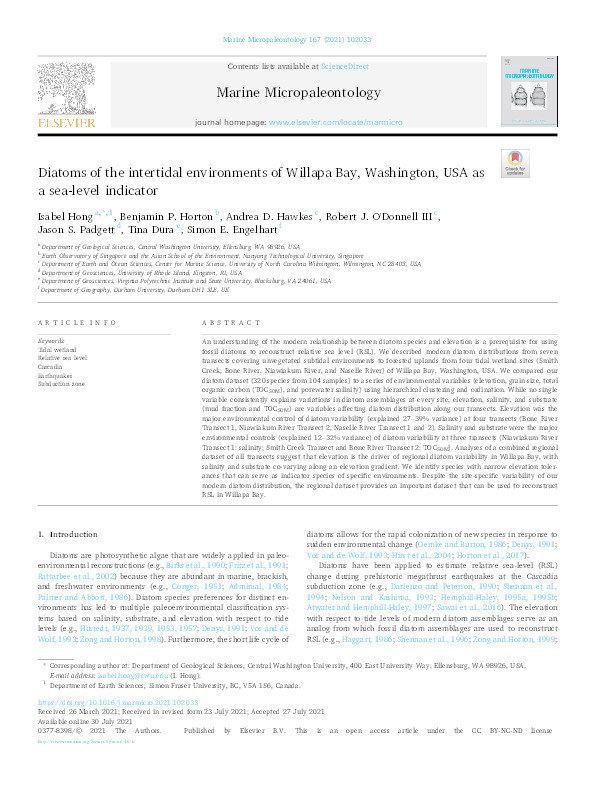 Diatoms of the intertidal environments of Willapa Bay, Washington, USA as a sea-level indicator Thumbnail