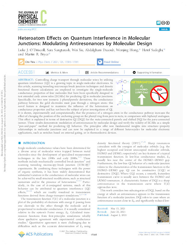 Heteroatom Effects on Quantum Interference in Molecular Junctions: Modulating Antiresonances by Molecular Design Thumbnail