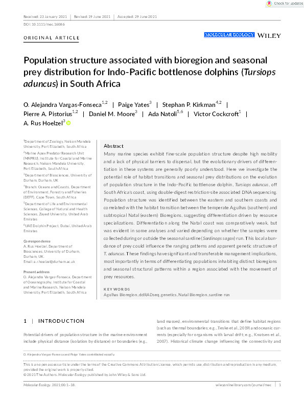 Population structure associated with bioregion and seasonal prey distribution for Indo‐Pacific bottlenose dolphins (Tursiops aduncus) in South Africa Thumbnail
