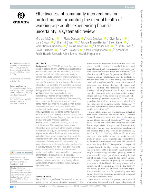 Effectiveness of community interventions for protecting and promoting the mental health of working-aged adults experiencing financial uncertainty: a systematic review Thumbnail