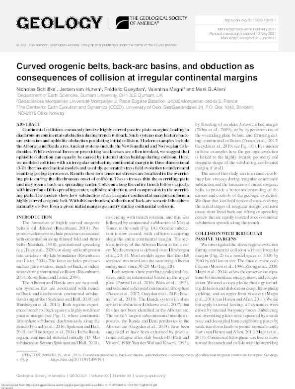 Curved orogenic belts, back-arc basins, and obduction as consequences of collision at irregular continental margins Thumbnail