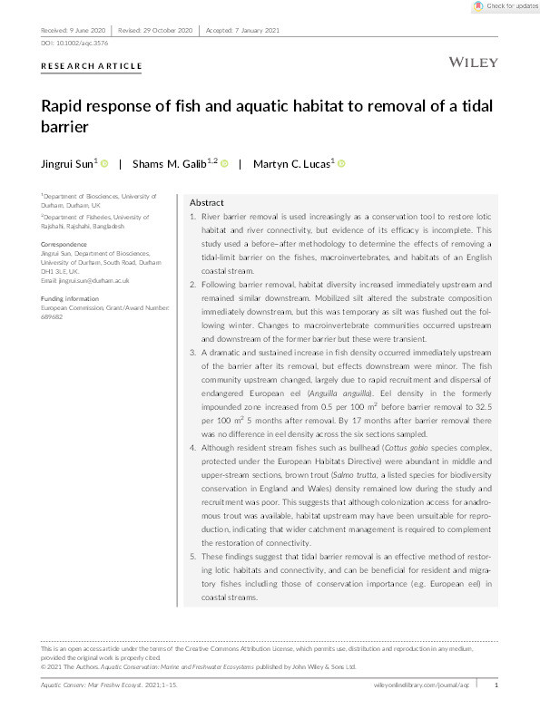Rapid response of fish and aquatic habitat to removal of a tidal barrier Thumbnail