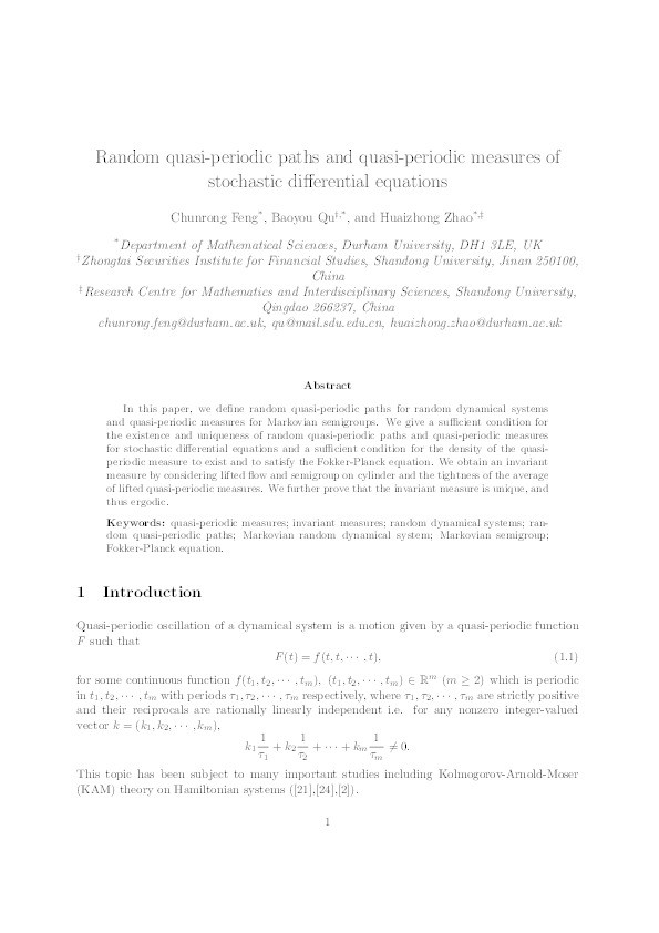 Random quasi-periodic paths and quasi-periodic measures of stochastic differential equations Thumbnail