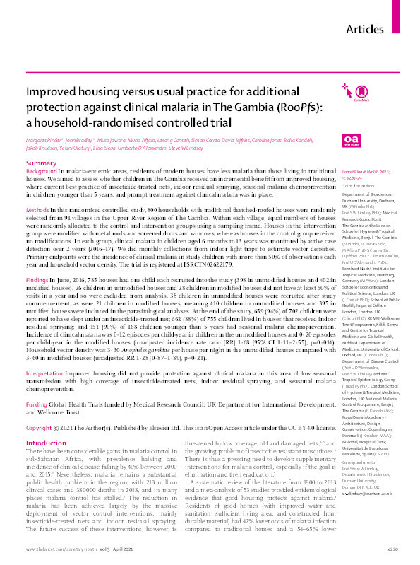Improved housing versus usual practice for additional protection against clinical malaria in The Gambia (RooPfs): a household-randomised controlled trial Thumbnail