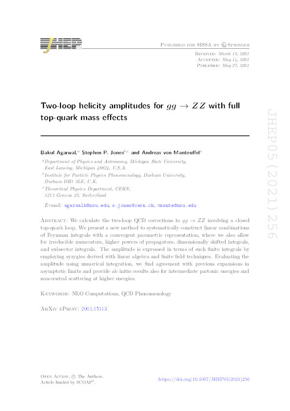 Two-loop helicity amplitudes for gg → ZZ with full top-quark mass effects Thumbnail