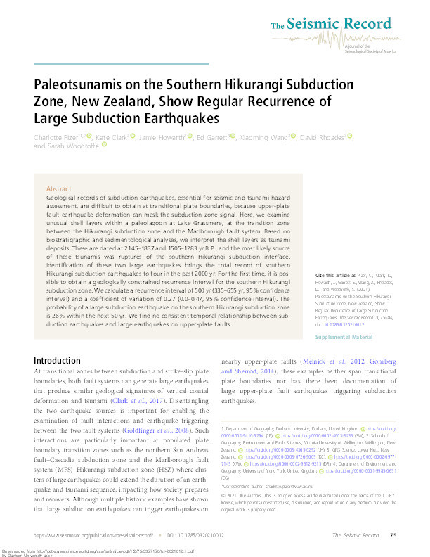 Paleotsunamis on the Southern Hikurangi Subduction Zone, New Zealand, Show Regular Recurrence of Large Subduction Earthquakes Thumbnail