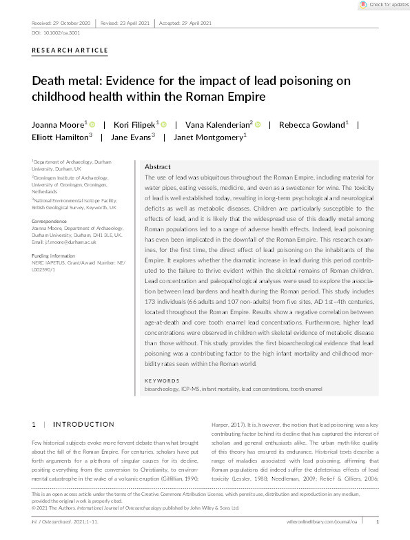 Death Metal: Evidence for the impact of lead poisoning on childhood health within the Roman Empire Thumbnail