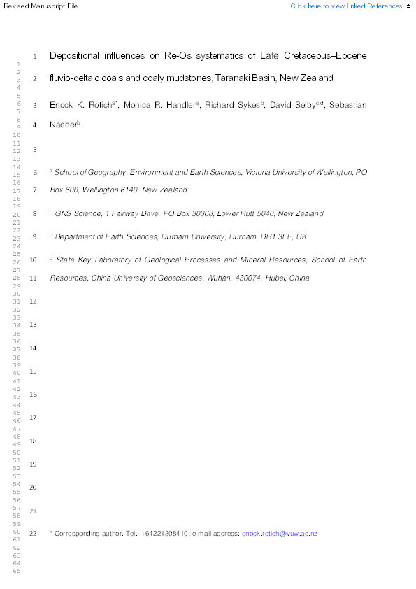 Depositional influences on Re-Os systematics of Late Cretaceous–Eocene fluvio-deltaic coals and coaly mudstones, Taranaki Basin, New Zealand Thumbnail