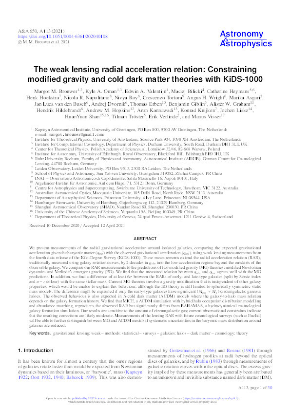 The weak lensing radial acceleration relation: Constraining modified gravity and cold dark matter theories with KiDS-1000 Thumbnail