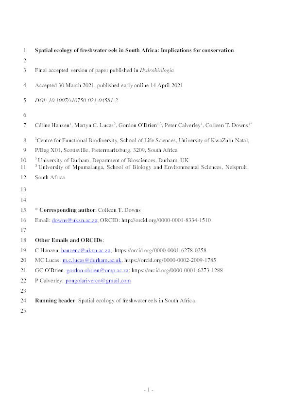 Spatial ecology of freshwater eels in South Africa: implications for conservation Thumbnail