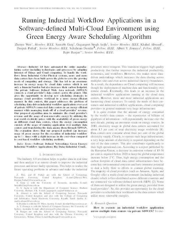 Running Industrial Workflow Applications in a Software-defined Multi-Cloud Environment using Green Energy Aware Scheduling Algorithm Thumbnail