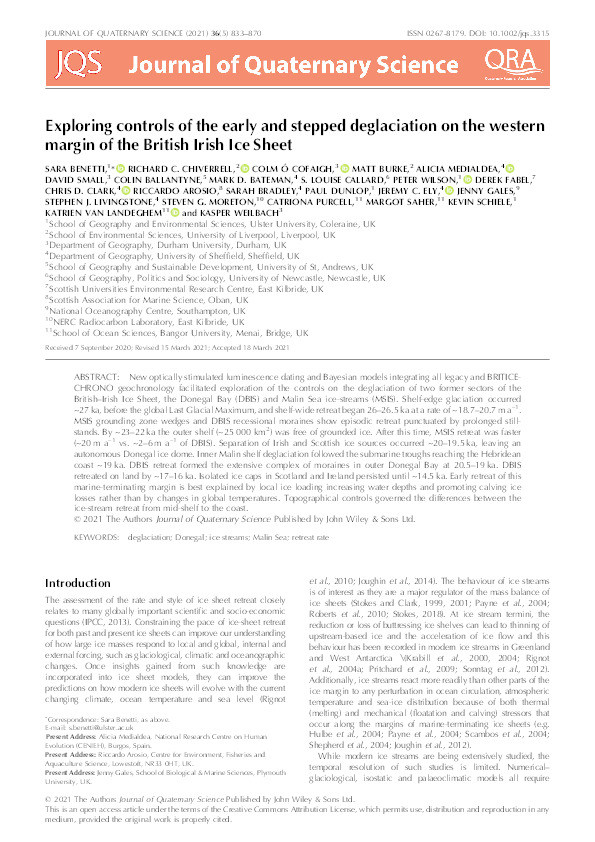Exploring controls of the early and stepped deglaciation on the western margin of the British Irish Ice Sheet Thumbnail