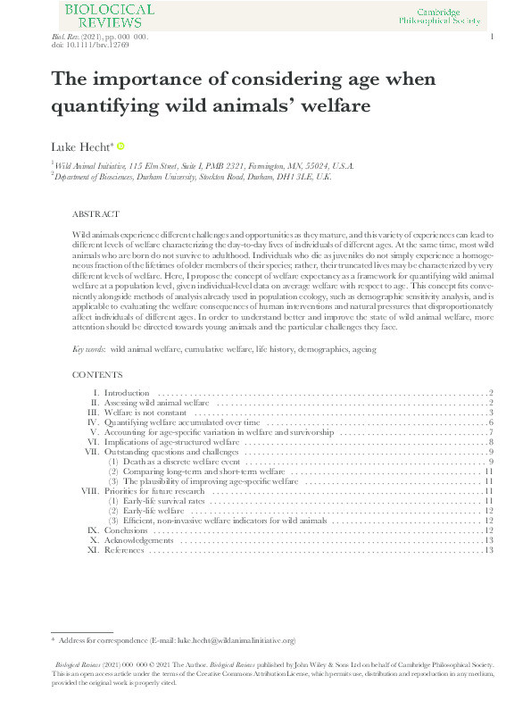 The importance of considering age when quantifying wild animals’ welfare Thumbnail