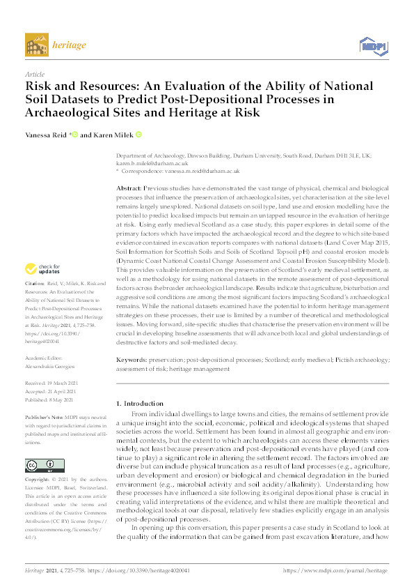 Risk and resources: an evaluation of the ability of national soil datasets to predict post-depositional processes in archaeological sites and heritage at risk Thumbnail