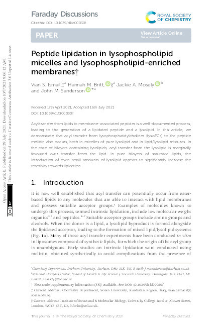 Peptide Lipidation in Lysophospholipid Micelles and Lysophospholipid-Enriched Membranes Thumbnail