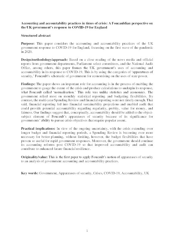 Accounting and accountability practices in times of crisis: A Foucauldian perspective on the UK government’s response to COVID-19 for England Thumbnail